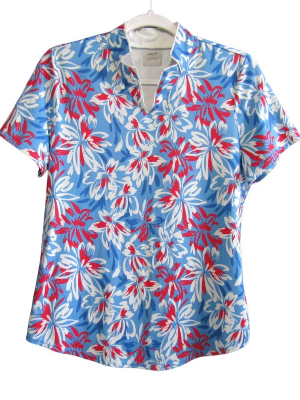 Jofit Womens Medium M Floral Short Sleeve Golf Polo V Neck Tennis Blue Red White